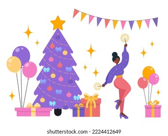 Vector, flat illustration. The girls are dancing at the party. Fun, decorations, confetti. Christmas, new year.