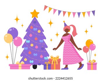 Vector, flat illustration. The girls are dancing at the party. Fun, decorations, confetti. Christmas, new year.