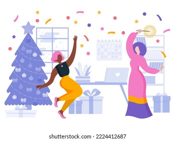 Vector, flat illustration. The girls are dancing at the party. Fun, decorations, confetti. Christmas, new year.