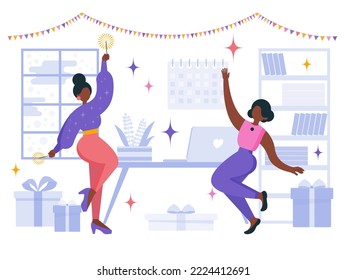 Vector, ilustración plana. Las chicas están bailando en la fiesta. Diversión, decoraciones, confeti.