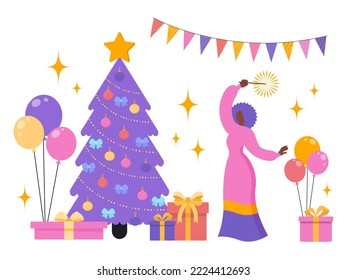Vector, flat illustration. The girls are dancing at the party. Fun, decorations, confetti. Christmas, new year.