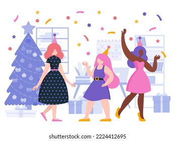 Vector, flat illustration. The girls are dancing at the party. Fun, decorations, confetti. Christmas, new year.