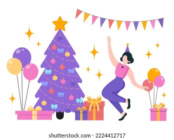 Vector, flat illustration. The girls are dancing at the party. Fun, decorations, confetti. Christmas, new year.