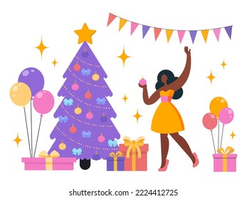 Vector, flat illustration. The girls are dancing at the party. Fun, decorations, confetti. Christmas, new year.