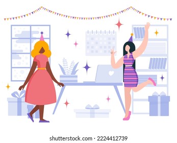 Vector, ilustración plana. Las chicas están bailando en la fiesta. Diversión, decoraciones, confeti.