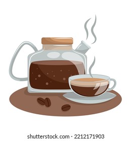 Vector flat illustration of glass coffee pot. Hot fragrant coffee in glass pot and cup. Cappuccino, Americano, espresso.