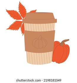 Vector flat illustration of a glass of pumpkin spice latte. A paper cup for coffee will suit modern decor