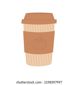 Vector flat illustration of a glass of pumpkin spice latte. A paper cup for coffee will suit modern decor