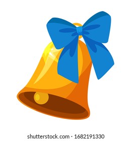 Vector flat illustration of golden bell with blue bow. Graduation school bell isolated on the white background. School education, university education, the traditional symbol of successful studies