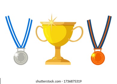 Vector flat illustration of golden cup, silver or bronze medals. Set of isolated objects, design elements. Award winners of sports competitions, goals achievement, award ceremony, victory celebration