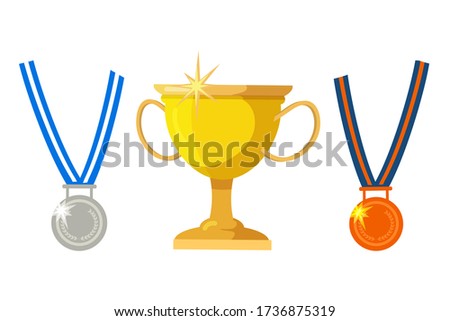 Vector flat illustration of golden cup, silver or bronze medals. Set of isolated objects, design elements. Award winners of sports competitions, goals achievement, award ceremony, victory celebration