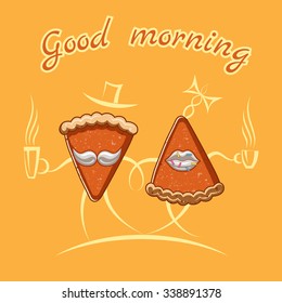 Vector flat illustration good morning. A man and a woman in the form of pieces of cake.