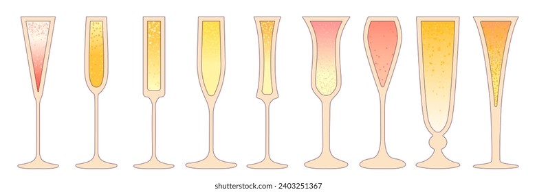 Ilustración plana vectorial con gradiente y contorno. Bebida refrescante con alcohol. Champagne y vino en una copa. Bebida de cóctel para celebraciones y bar