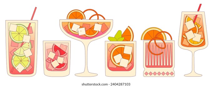 Vector flat illustration with gradient and outline. Alcohol cold drink with citrus fruits lime and orange. Cocktail set in glass. Liquid in tall and tumbler glass. Margarita. Mocktail beverage for bar