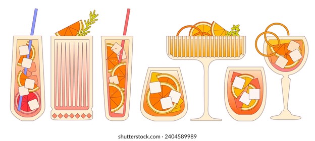 Vector flat illustration with gradient and outline. Alcohol refreshing drink with citrus, orange and grapefruit. Cocktail set in decorative glass. Liquid in tall and tumbler glass. Mocktail beverage