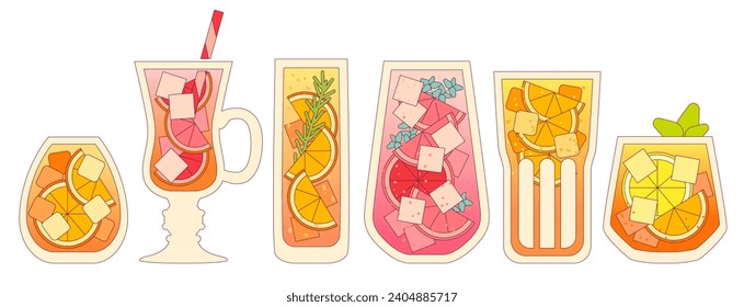 Vector flat illustration with gradient and outline. Alcohol refreshing drink with citrus, orange and grapefruit. Cocktail set in glass. Liquid in tall and tumbler glass. Mocktail beverage for bar