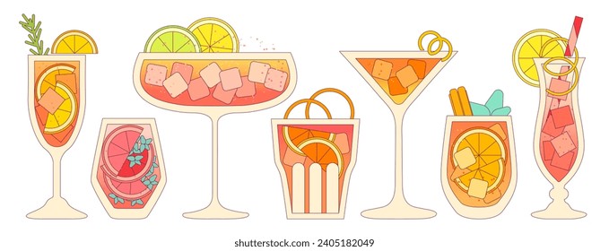 Vector flat illustration with gradient and outline. Alcohol cold drink with citrus, lime and lemon. Cocktail set in glass. Liquid in tall and tumbler glass. Margarita, tequila. Mocktail beverage