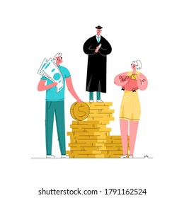 Vector flat illustration graduate school or University, who in uniform stands on stack coins, below is his parents, who invested money in education. Concept financial family planning, savings, income.