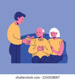 Vector Flat illustration of Grandparents and grown kid with Present Box. Gift Giving on Christmas - New Year and Thanksgiving Cartoon.