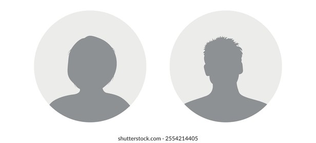 Vector flat illustration in grayscale. Icons of man and woman. Avatar, user profile, person icon, profile picture. Suitable for social media profiles, icons, screensavers and as a template.