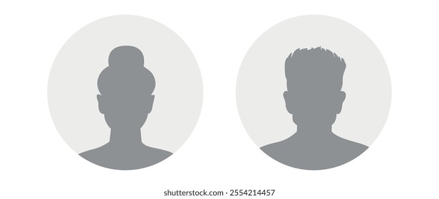 Vector flat illustration in grayscale. Icons of man and woman. Avatar, user profile, person icon, profile picture. Suitable for social media profiles, icons, screensavers and as a template.