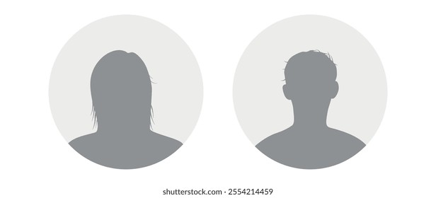 Vector flat illustration in grayscale. Icons of man and woman. Avatar, user profile, person icon, profile picture. Suitable for social media profiles, icons, screensavers and as a template.