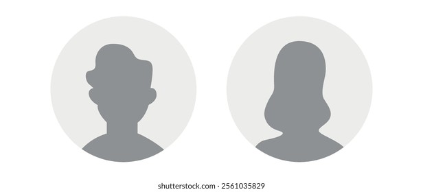 Vector flat illustration in grayscale. Icons of man and woman. Avatar, user profile, person icon, profile picture. Suitable for social media profiles, icons, screensavers and as a template.