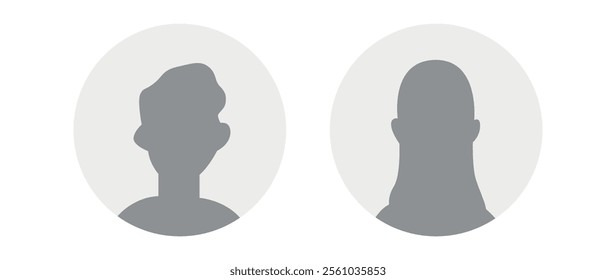 Vector flat illustration in grayscale. Icons of man and woman. Avatar, user profile, person icon, profile picture. Suitable for social media profiles, icons, screensavers and as a template.