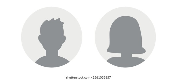 Vector flat illustration in grayscale. Icons of man and woman. Avatar, user profile, person icon, profile picture. Suitable for social media profiles, icons, screensavers and as a template.