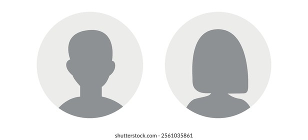 Vector flat illustration in grayscale. Icons of man and woman. Avatar, user profile, person icon, profile picture. Suitable for social media profiles, icons, screensavers and as a template.