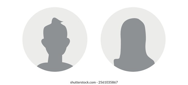 Vector flat illustration in grayscale. Icons of man and woman. Avatar, user profile, person icon, profile picture. Suitable for social media profiles, icons, screensavers and as a template.