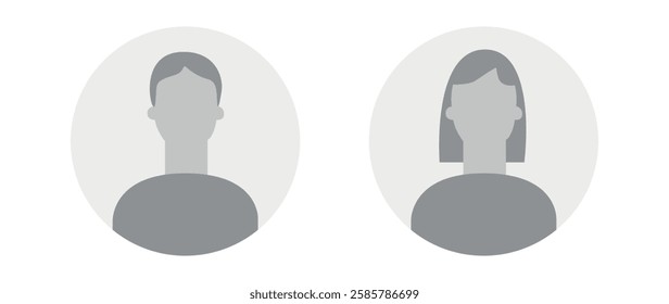 Vector flat illustration in grayscale. Icons of man and woman. Avatar, user profile, person icon, profile picture. Suitable for social media profiles, icons, screensavers and as a template.