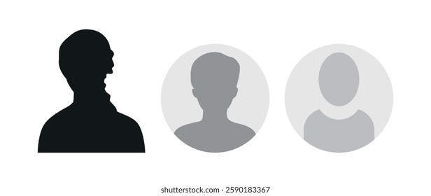 Vector flat illustration in grayscale. Icons of man and woman. Avatar, user profile, person icon, profile picture. Suitable for social media profiles, icons, screensavers and as a template.