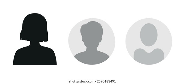 Vector flat illustration in grayscale. Icons of man and woman. Avatar, user profile, person icon, profile picture. Suitable for social media profiles, icons, screensavers and as a template.