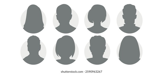 Vector flat illustration in grayscale. Icons of man and woman. Avatar, user profile, person icon, profile picture. Suitable for social media profiles, icons, screensavers and as a template.