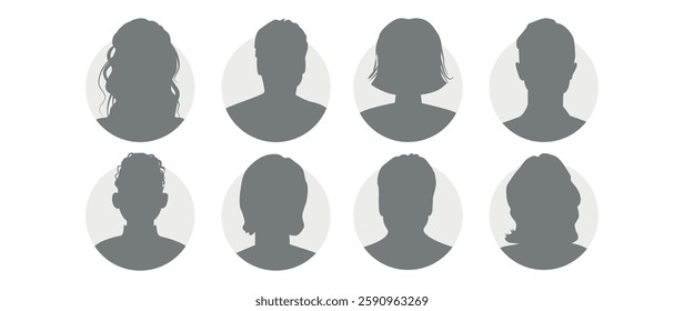 Vector flat illustration in grayscale. Icons of man and woman. Avatar, user profile, person icon, profile picture. Suitable for social media profiles, icons, screensavers and as a template.