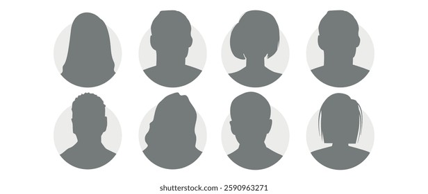 Vector flat illustration in grayscale. Icons of man and woman. Avatar, user profile, person icon, profile picture. Suitable for social media profiles, icons, screensavers and as a template.