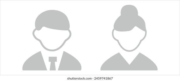 Vector flat illustration in grayscale. Man and woman icons. Avatar, user profile, person icon, profile picture. Suitable for social media profiles, icons, screensavers and as a template.