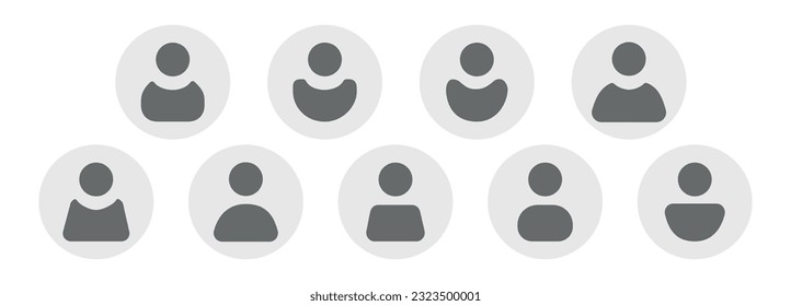 Vector flat illustration in grayscale. Nine icons. User profile, person icon, gender neutral silhouette, profile picture. Suitable for social media profiles, icons, screensavers and as a template.