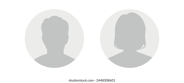 Vector flat illustration in grayscale. Round icons of man and woman. Avatar, user profile, person icon, profile picture. Suitable for social media profiles, icons, screensavers and as a template.