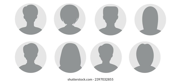 Ilustración plana vectorial en escala de grises. Un conjunto de ocho perfiles de usuarios empresariales. Icono de perfil de hombres y mujeres. Adecuado para perfiles de medios sociales, iconos, salvapantallas y como plantilla.