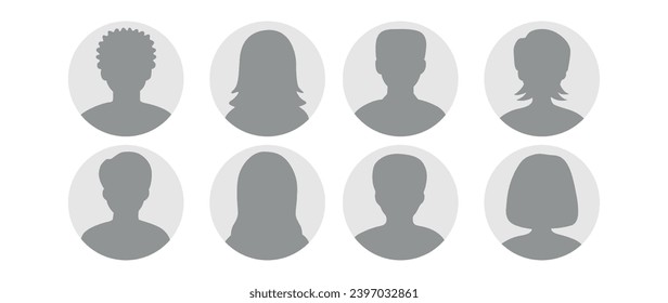 Ilustración plana vectorial en escala de grises. Un conjunto de ocho perfiles de usuarios empresariales. Icono de perfil de hombres y mujeres. Adecuado para perfiles de medios sociales, iconos, salvapantallas y como plantilla.