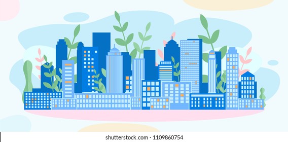 Vector flat illustration Green eco city for web page, banner, presentation, social media, documents, cards, posters. skyline, Environment, ecology, ecosystem, save planet 