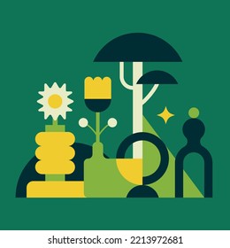 Vector flat illustration of a green, minimalist garden.