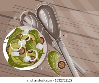 Vector flat illustration with green salad plate resting on the table. View from above-Vector file