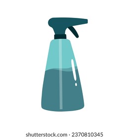 Vector flat illustration with green spray bottle. Poster for guide about plant growing at home. Antibacterial liquid in plastic container for disinfection. Hygiene equipment for health care