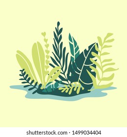 Vector flat illustration with green tropical leaves. Cartoon handraw flat style. All elements are isolated. For flat design, poster, web banners, book illustration, cover, postcard. Exotic flora.
