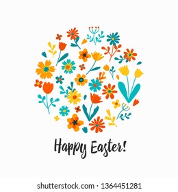 Vector flat illustration, greeting card design Happy Easter, with stylish text  with colorful flowers decorated. Clean bright colors.