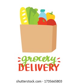 Vector flat illustration of grocery shopping banner with various goods.