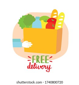 Vector flat illustration of grocery shopping banner, free delivery with various goods.